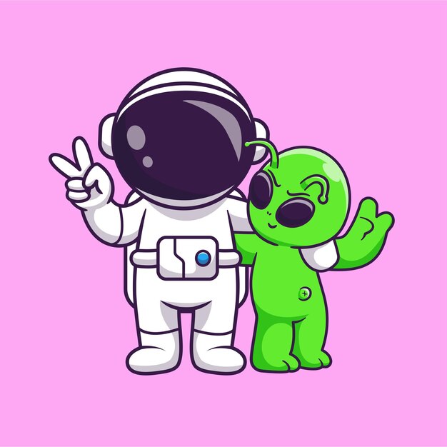 Astronauta lindo y alienígena con la mano de la paz dibujos animados icono vectorial ilustración ciencia tecnología plana