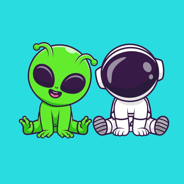 Astronauta lindo y alienígena sentados juntos dibujos animados icono vectorial ilustración ciencia tecnología plana
