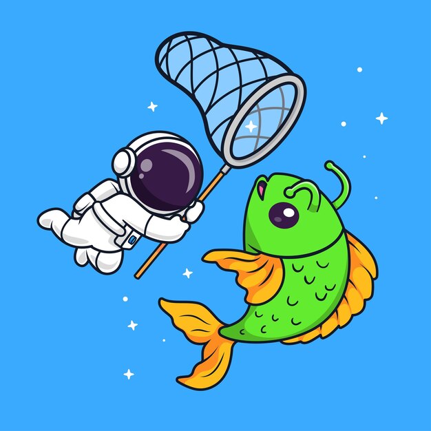 Astronauta lindo atrapando peces alienígenas con una red de pesca Icono vectorial de dibujos animados Ilustración Ciencia Animal