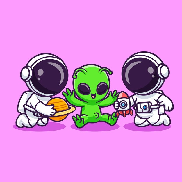 Astronauta lindo y bebé alienígena jugando a cohete y planeta juguete de dibujos animados icono vectorial ilustración plana