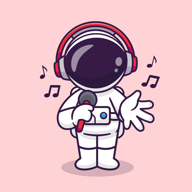 Astronauta lindo cantando con micrófono y auriculares icono vectorial de dibujos animados Ilustración vacaciones científicas