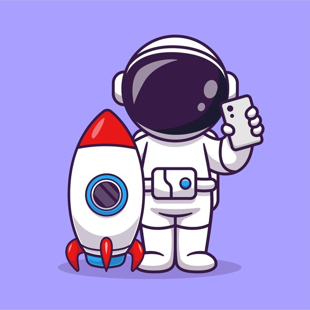Astronauta lindo con cohete y teléfono icono vectorial de dibujos animados Ilustración Ciencia Tecnología aislada