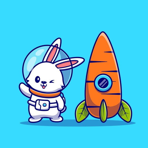Astronauta lindo conejo con ilustración de icono de dibujos animados de cohete de zanahoria. Concepto de icono de tecnología animal aislado. Estilo de dibujos animados plana