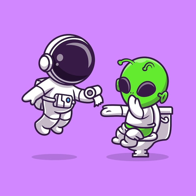 Vector gratuito astronauta lindo dando tejido a un extraterrestre en el baño icono vectorial de dibujos animados ilustración ciencia tecnología