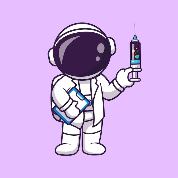 Astronauta lindo doctor sosteniendo la inyección espacio dibujos animados icono vectorial ilustración ciencia atención médica