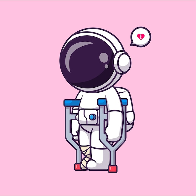 Astronauta lindo enfermo usando muletas para caminar con un palo de dibujos animados icono vectorial ilustración ciencia médica