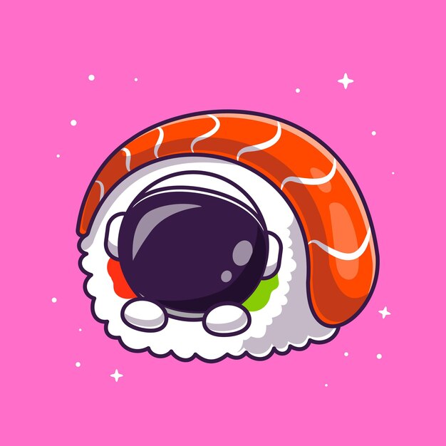 Astronauta lindo con ilustración de icono de Vector de dibujos animados de salmón de sushi. Concepto de icono de comida de ciencia aislado Vector Premium. Estilo de dibujos animados plana