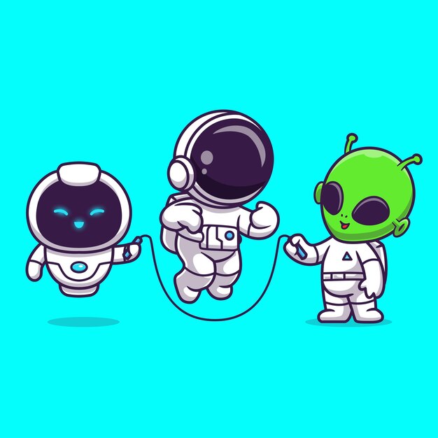 Astronauta lindo jugando a la cuerda de salto con alienígena y robot icono de dibujos animados vector Ilustración de ciencia plana