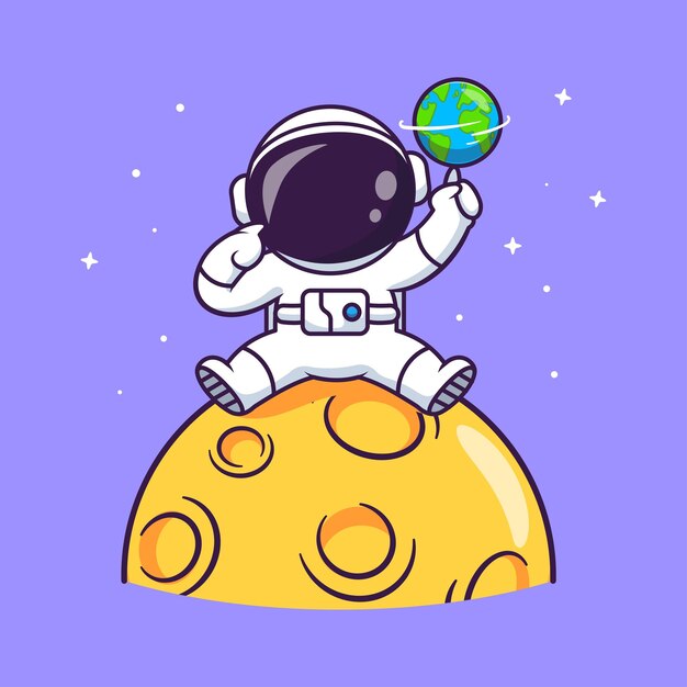 Astronauta lindo jugando a la pelota del planeta en la luna dibujos animados icono vectorial ilustración ciencia deporte aislado
