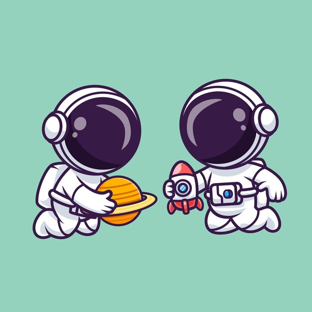 Astronauta lindo jugando con planeta y cohete juguete de dibujos animados icono vectorial ilustración ciencia tecno