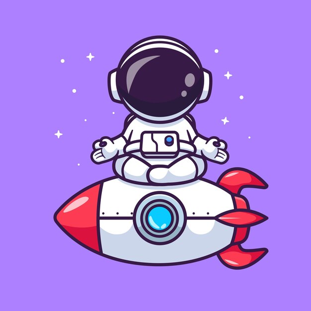 Astronauta lindo meditación yoga en el cohete dibujos animados icono vectorial ilustración ciencia deporte aislado