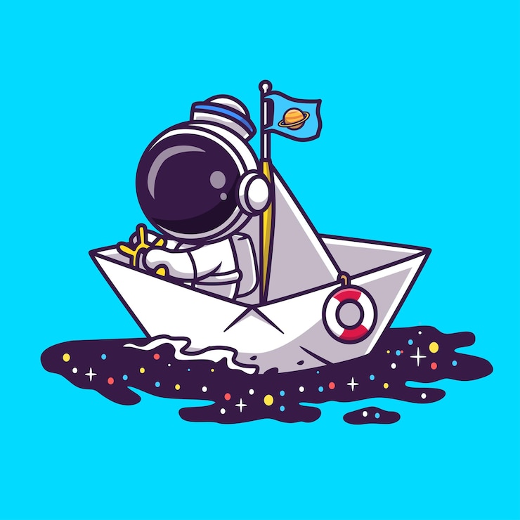 Vector gratuito astronauta lindo montando un barco de papel en el espacio icono vectorial de dibujos animados ilustración ciencia transporte