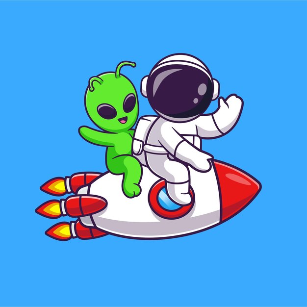 Astronauta lindo montando un cohete con un alienígena icono vectorial de dibujos animados Ilustración Ciencia Tecnología Isolada