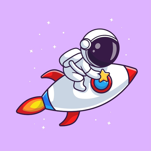 Vector gratuito astronauta lindo montando un cohete con estrellas icono vectorial de dibujos animados ilustración ciencia tecnología aislada