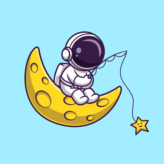 Astronauta lindo pescando Estrella linda en la Luna Icono vectorial de dibujos animados Ilustración de ciencia tecnología plana