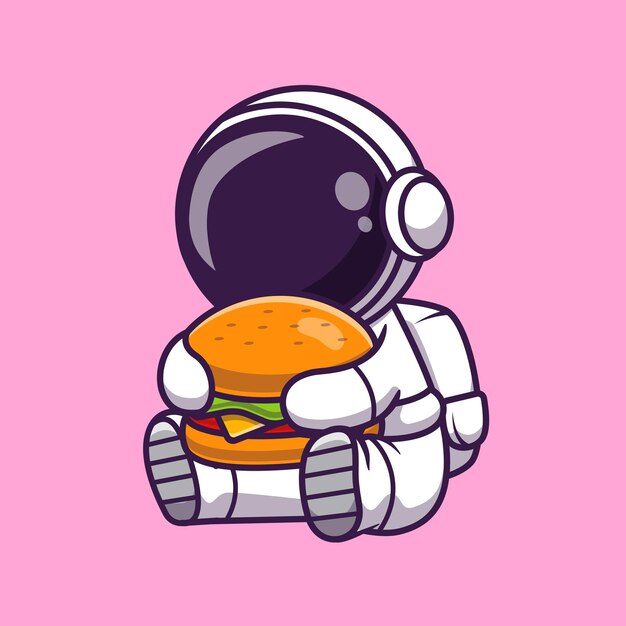 Astronauta lindo que come la ilustración del icono del vector de la historieta de la hamburguesa. Concepto de icono de comida de ciencia aislado Vector Premium. Estilo de dibujos animados plana