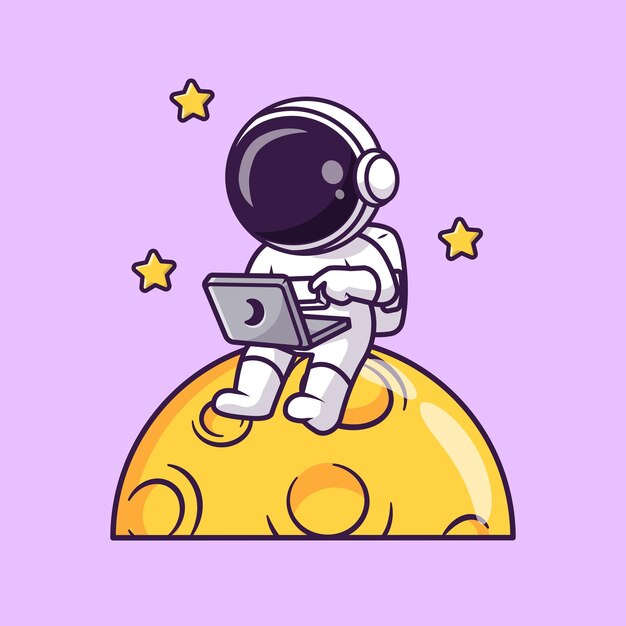 Astronauta lindo que trabaja con la computadora portátil en la luna con la ilustración del icono del vector de dibujos animados de estrellas. ciencia tecnología