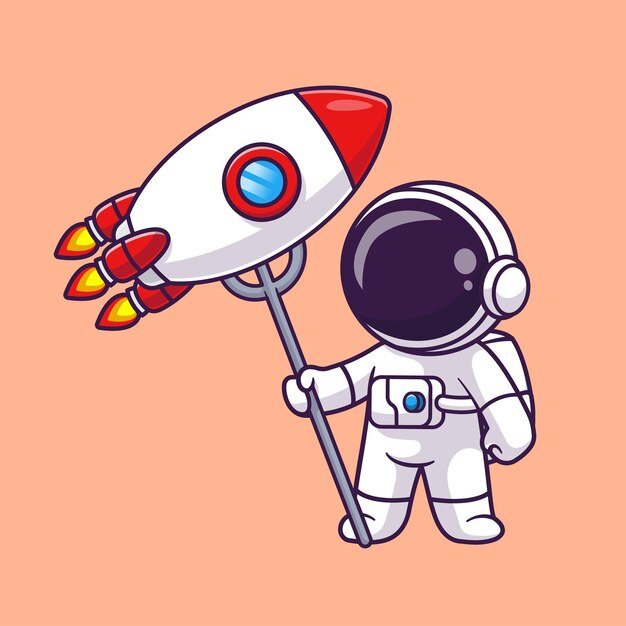 Astronauta lindo Rocket Poke con tenedor Icono vectorial de dibujos animados Ilustración Ciencia Tecnología aislada