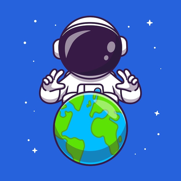 Vector gratuito astronauta lindo con la tierra en la ilustración del icono del vector de la historieta del espacio. concepto de icono de ciencia de tecnología aislado vector premium. estilo de dibujos animados plana