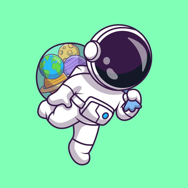 El astronauta lindo trae el espacio del planeta en la ilustración del icono del vector de dibujos animados de la bolsa. Ciencia Tecnología plana