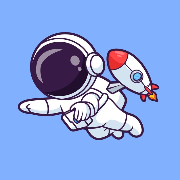 Astronauta lindo volando con un cohete en el espacio dibujos animados icono vectorial ilustración ciencia tecnología plana