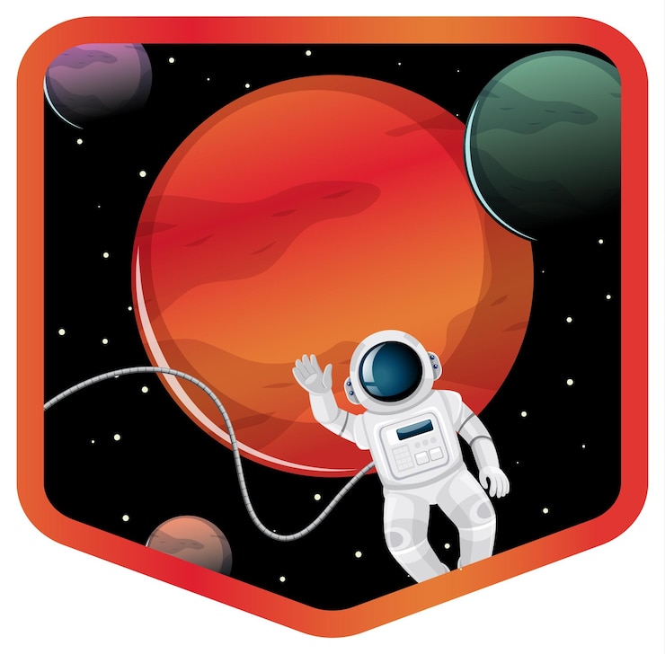 Vector gratuito astronauta y marte en la placa espacial sobre fondo blanco.