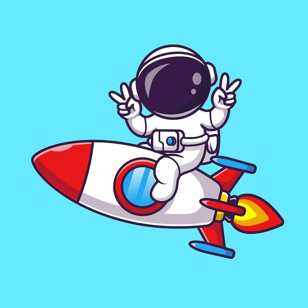 Astronauta montando un cohete con la ilustración del icono del vector de la historieta de la mano de la paz. Concepto de icono de tecnología de ciencia aislado Vector Premium. Estilo de dibujos animados plana