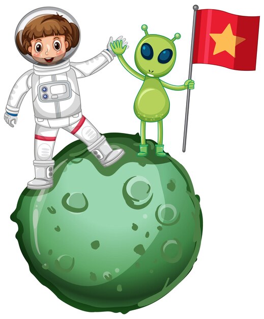 Astronauta de pie en un planeta y sosteniendo la bandera