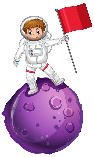 Astronauta de pie en un planeta y sosteniendo la bandera