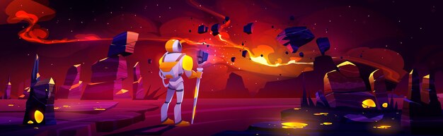 Astronauta en un planeta alienígena en el espacio de la galaxia lejana