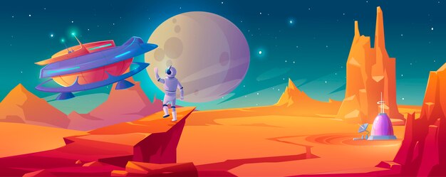 Astronauta en planeta alienígena saludando a la nave espacial