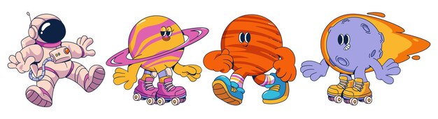 Astronauta y planetas en fondo blanco