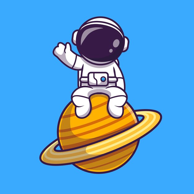 Astronauta sentado en el planeta y agitando la mano de dibujos animados Vector icono ilustración. Concepto de icono de tecnología de ciencia aislado Vector Premium. Estilo de dibujos animados plana
