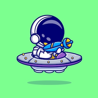 Astronauta sosteniendo un arma en la ilustración de icono de vector de dibujos animados de nave espacial ovni. concepto de icono de tecnología de ciencia aislado vector premium. estilo de dibujos animados plana