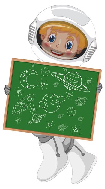 Un astronauta sosteniendo un tablero con un diseño de boceto de garabato en blanco