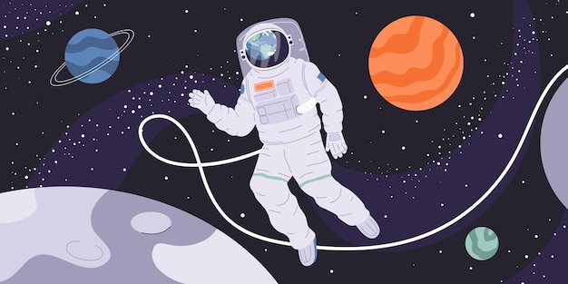 Astronauta con traje espacial mirando la Tierra en el espacio exterior en el fondo con planetas ilustración vectorial plana