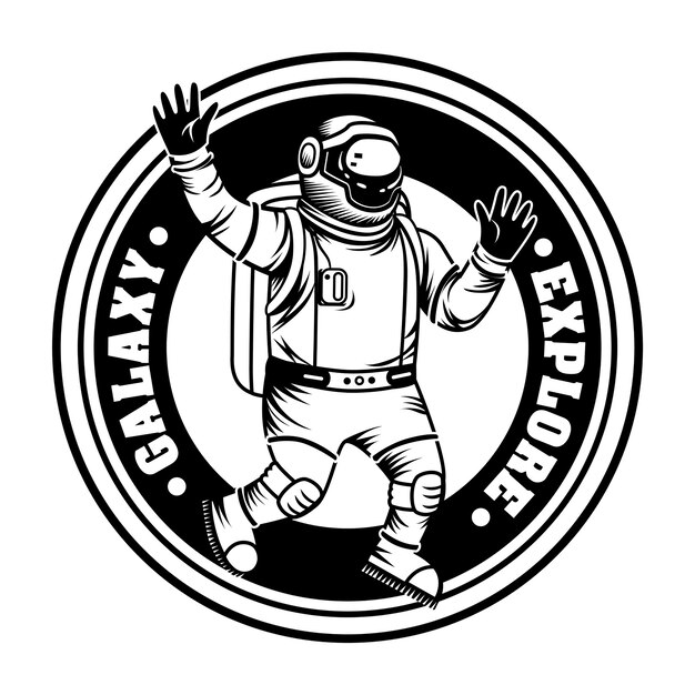 Astronauta vintage explorando la ilustración de vector de galaxia. Astronauta monocromo en traje espacial y casco.