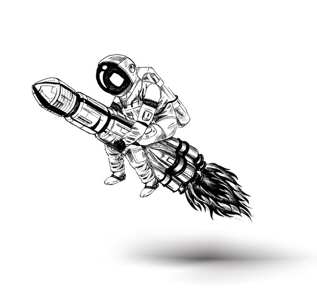 Astronauta volando en el cohete Ilustración de vector de boceto dibujado a mano