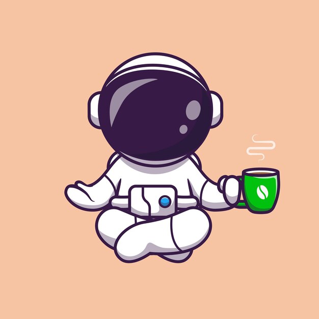 Astronauta Yoga con ilustración de icono de Vector de dibujos animados de café. Concepto de icono de bebida de ciencia aislado Vector Premium. Estilo de dibujos animados plana