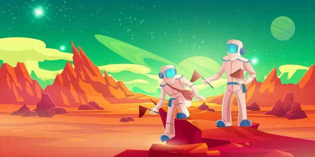 Astronautas con banderas caminando sobre la superficie de Marte