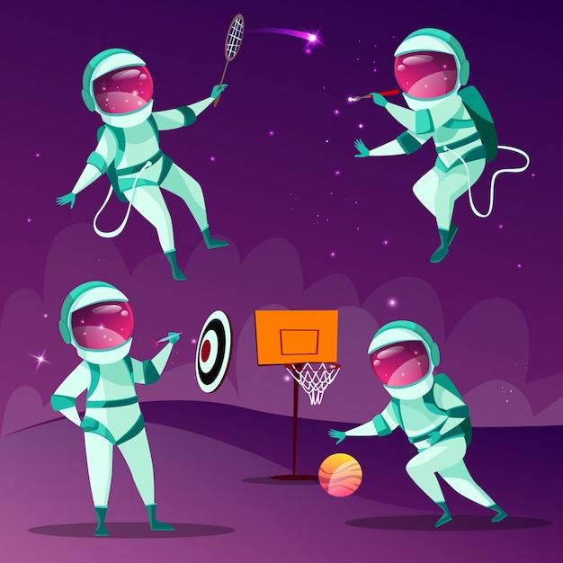 Astronautas divertidos jugando a los dardos, baloncesto, bádminton y dibujo en el espacio exterior