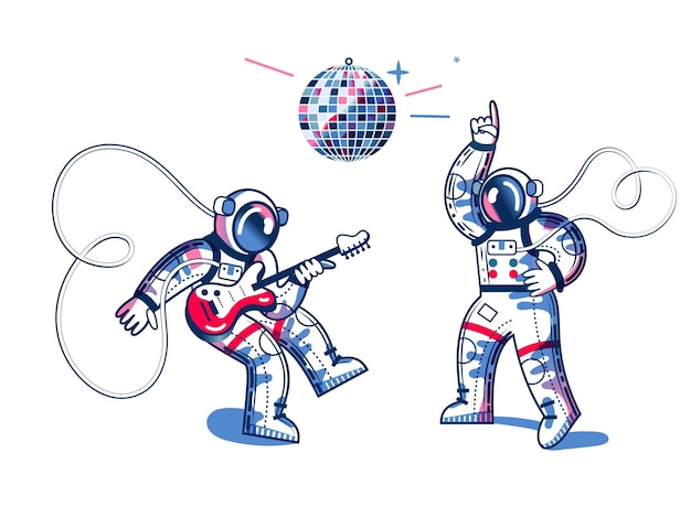 Vector gratuito astronautas divertidos tocando la guitarra y bailando al ritmo de la discoteca en trajes espaciales hombre escuchando y tocando música disco funky sobre fondo blanco