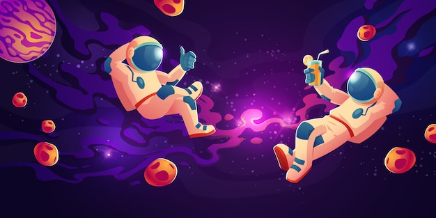 Astronautas en ingravidez bebiendo jugo, relájese