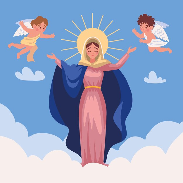 Asunción de María y ángeles en el cielo