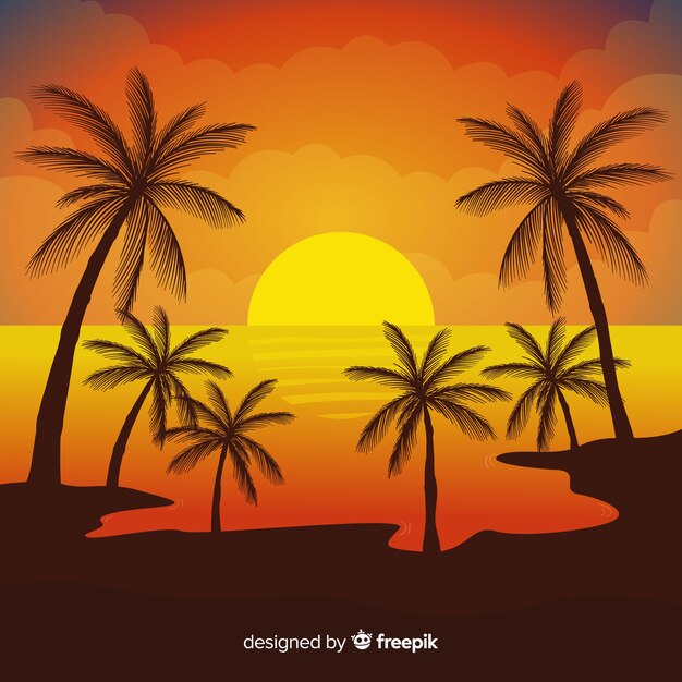Atardecer en la playa con siluetas de palmeras