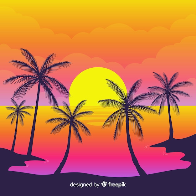 Atardecer en la playa con siluetas de palmeras