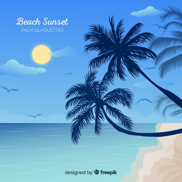 Atardecer en la playa con siluetas de palmeras