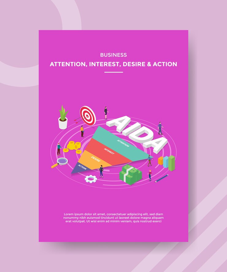 Vector gratuito atención empresarial interés deseo acción gente de pie alrededor del embudo de texto aida