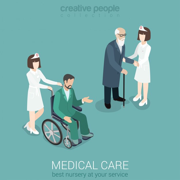 Atención médica enfermera médico medicina hospital personal seguro de salud concepto isométrico plano Mujer en uniforme con anciano y paciente en silla de ruedas.