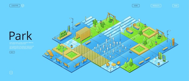 Aterrizaje isométrico del área ecológica recreativa del parque de la ciudad